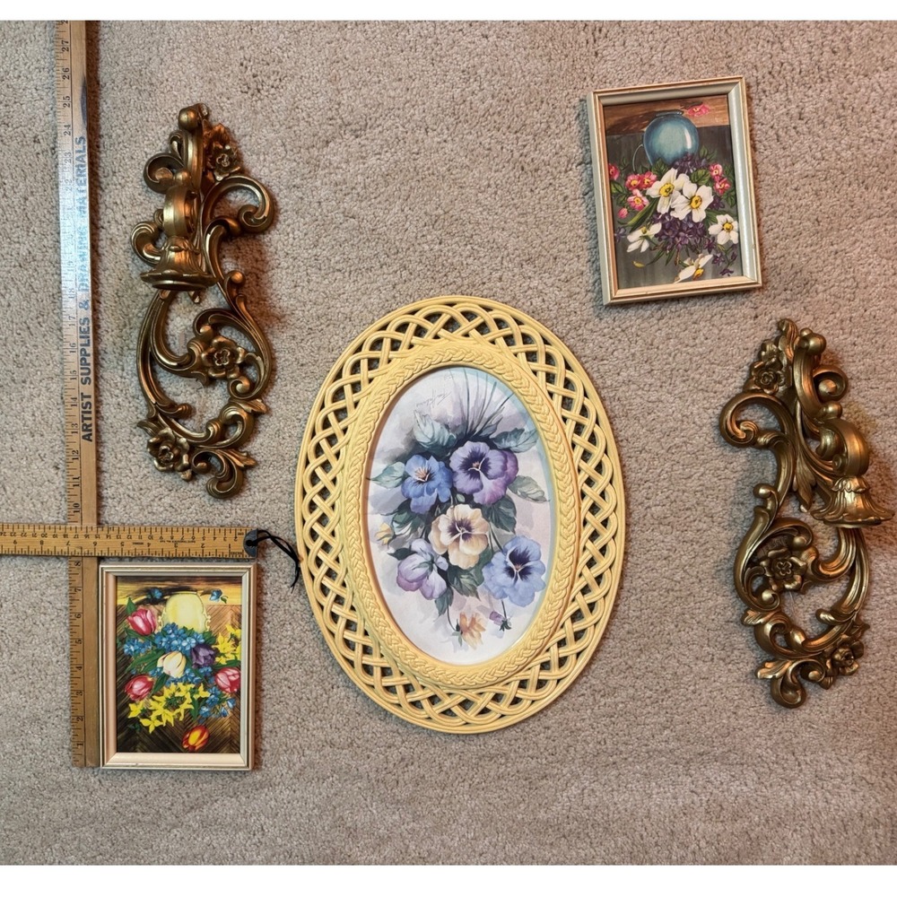 Original Vintage Framed Floral Print Pair Mid Century Cottagecore Wall Art - Picture 10 of 11